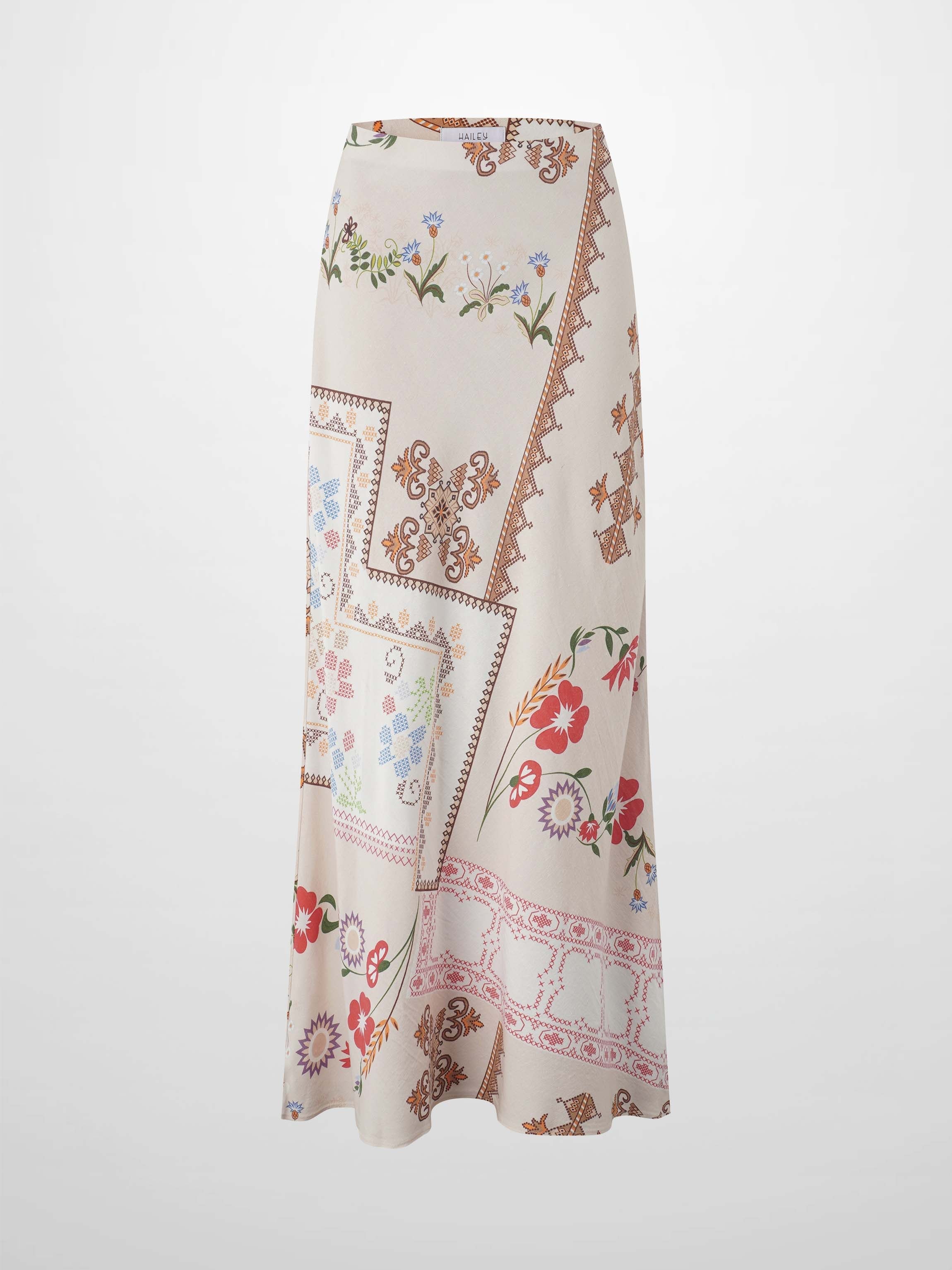 Printed Linen Blend Slip Skirt-Aztec Floral