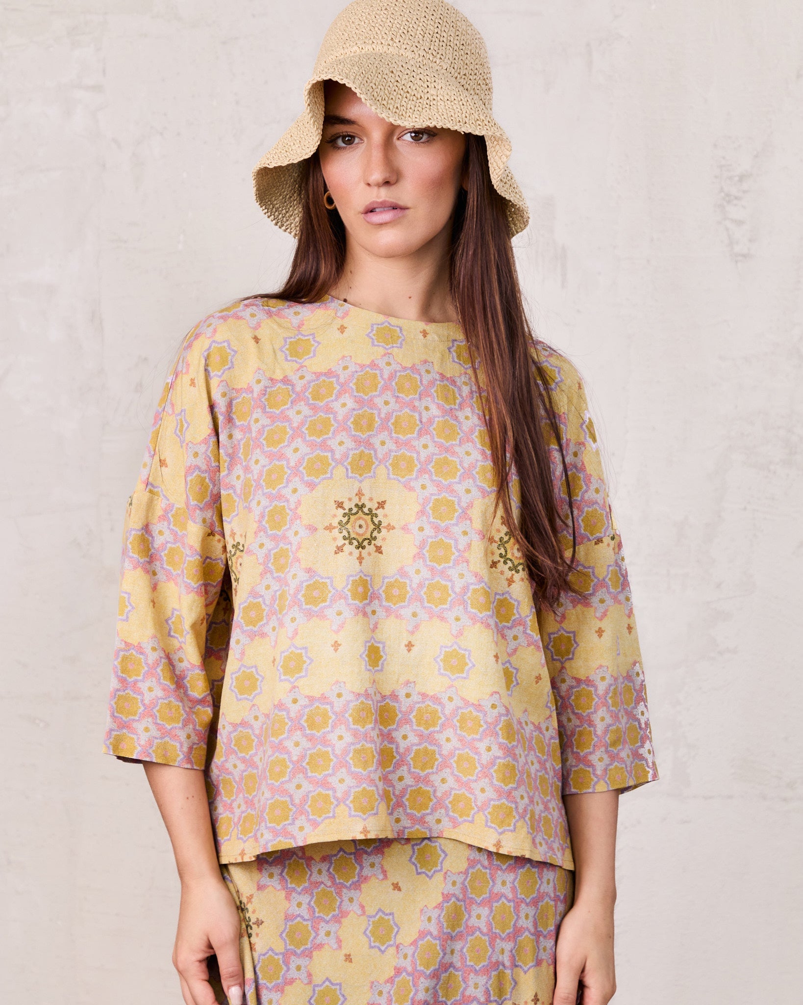 Linen Blend Crop Swing Top-Geometric-0