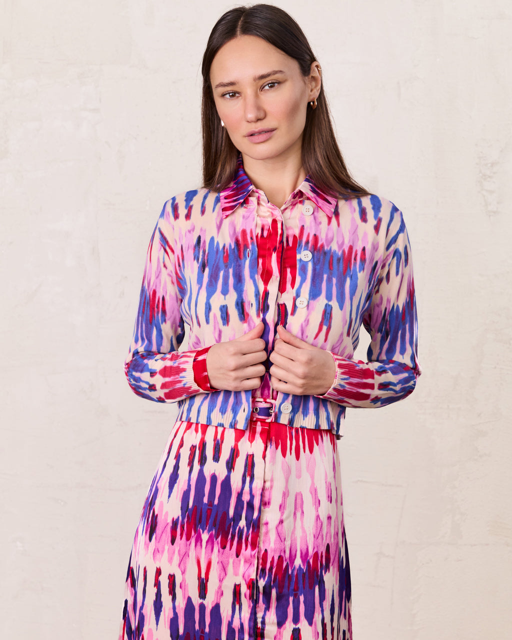 Basic Belted A-Line Dress-Pink Watercolor-1