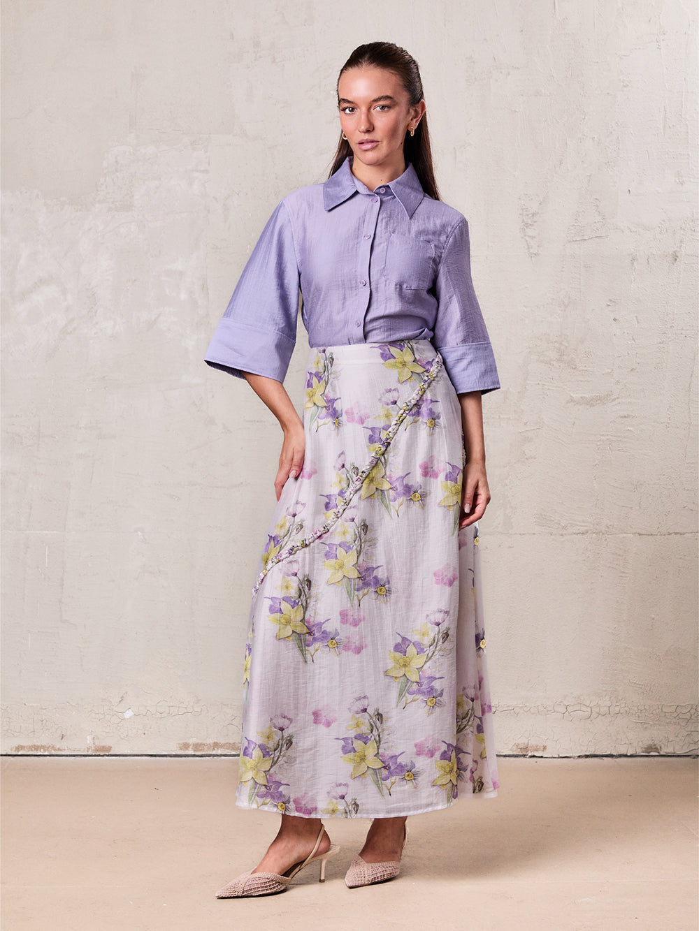 Braided Detail A-Line Skirt-Multi Color Floral-0