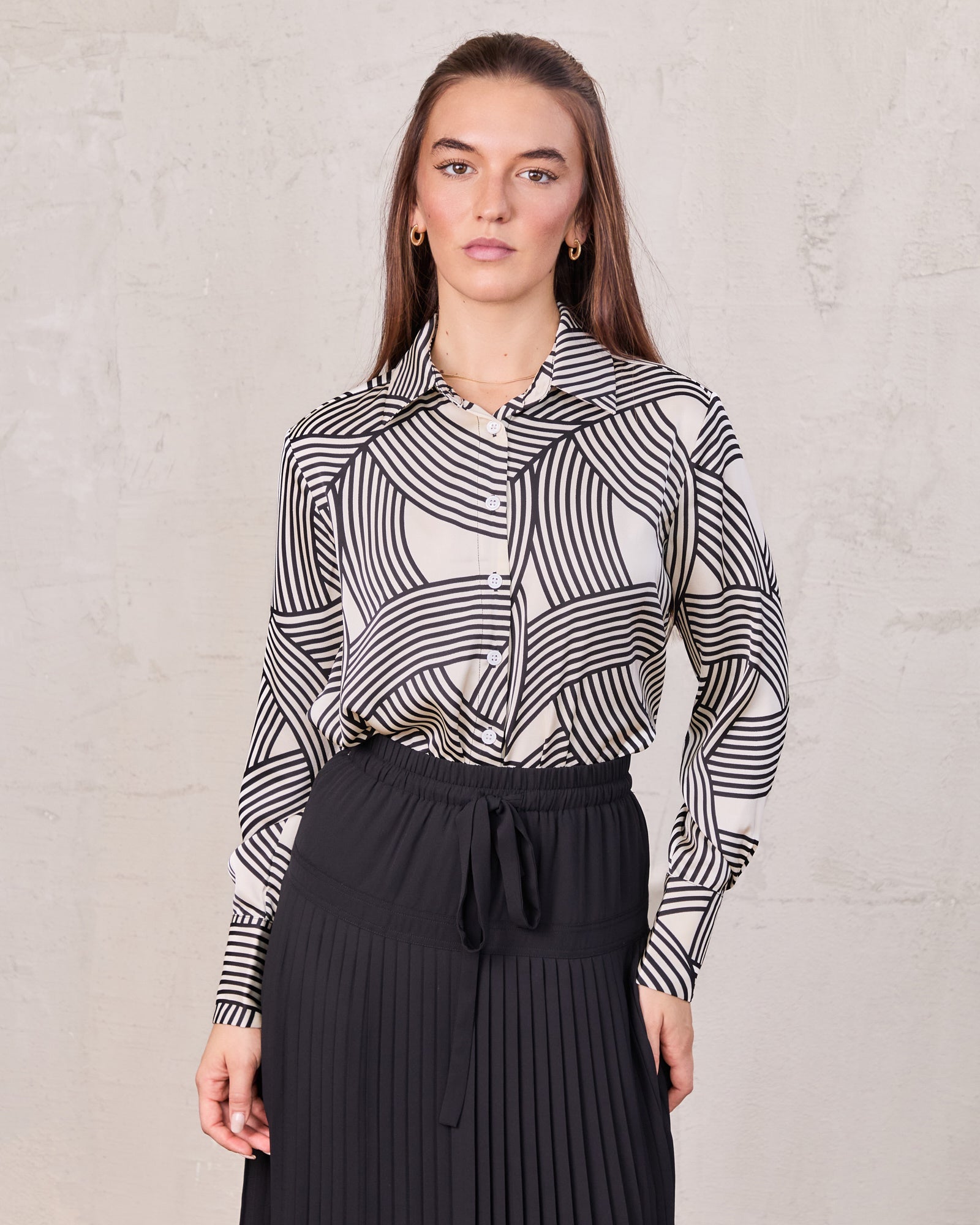 Button Down Print Blouse-Geometric Lines-0