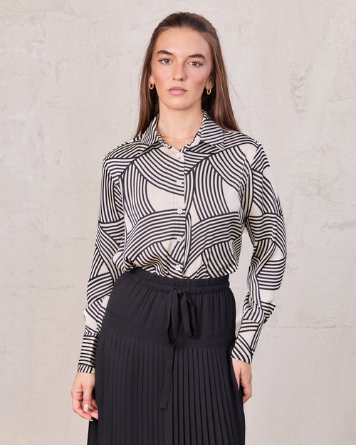 Button Down Print Blouse-Geometric Lines-0