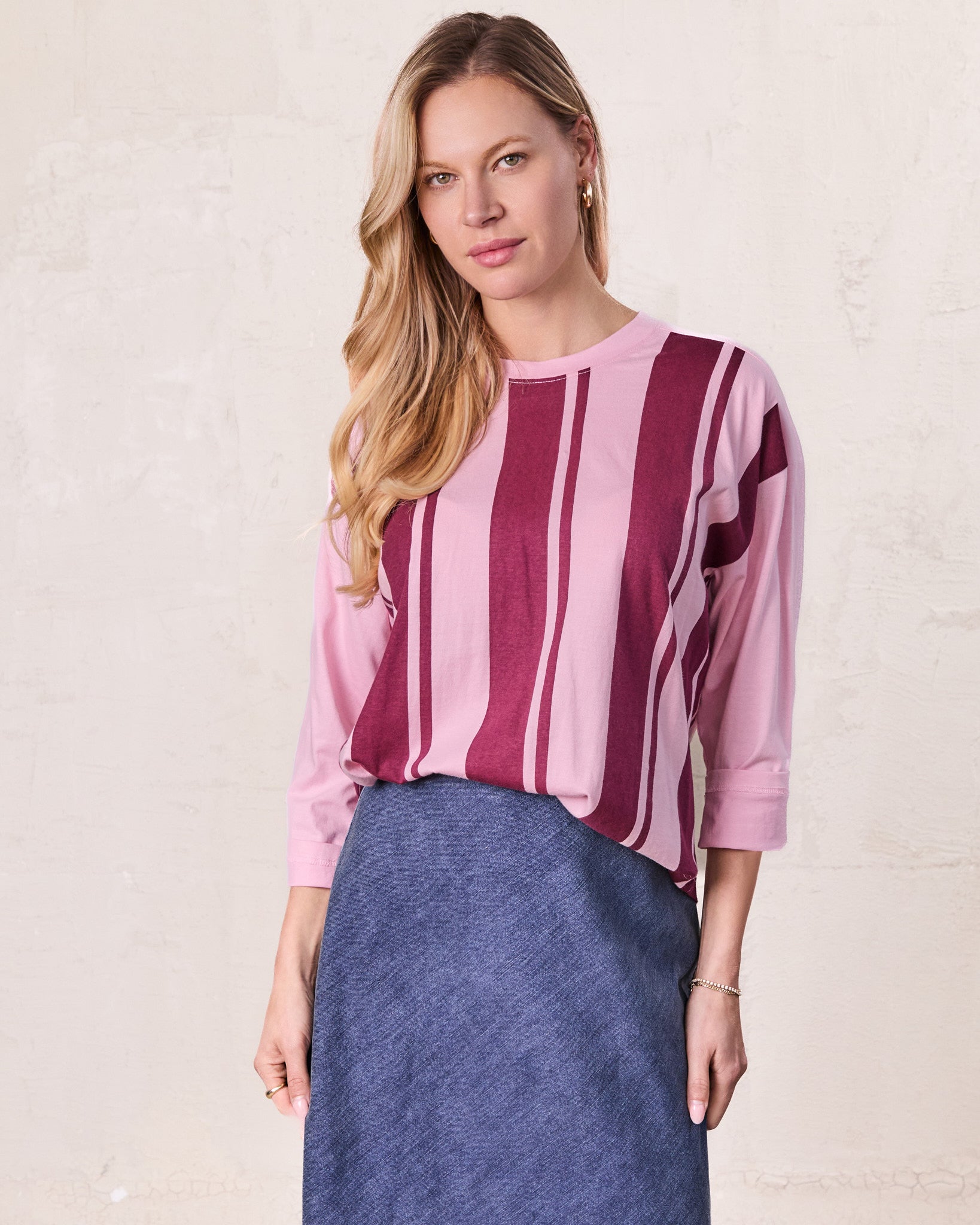 Mix Stripe Boxy Tee-Pink/Burgundy-0