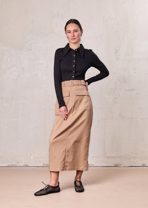 Belted Straight Cargo Pocket Skirt-Tan-0