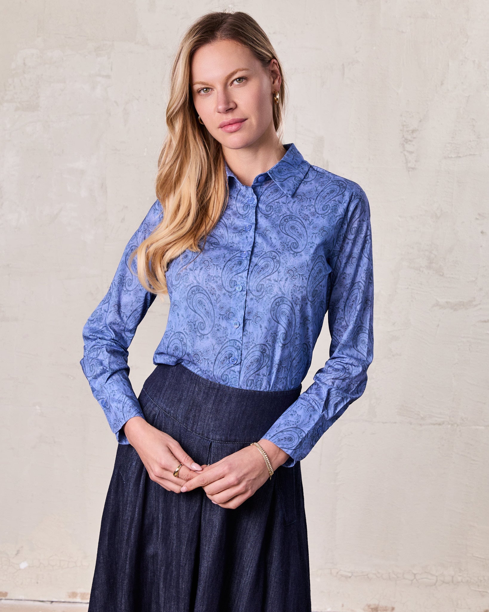 Button Down Collared Blouse-Blue Cotton Paisley-0