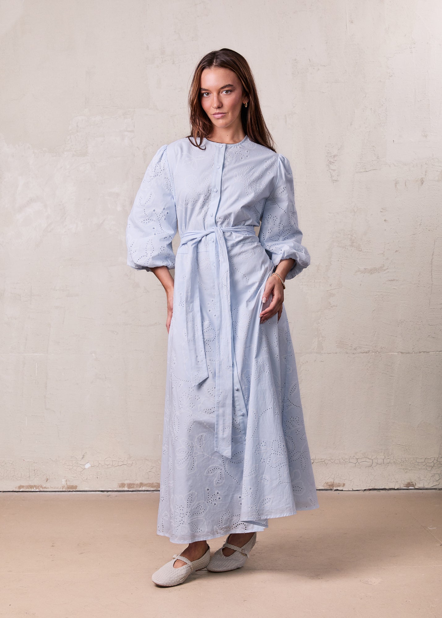 Eyelet Belted A-Line  Shirtdress-Light Blue-0