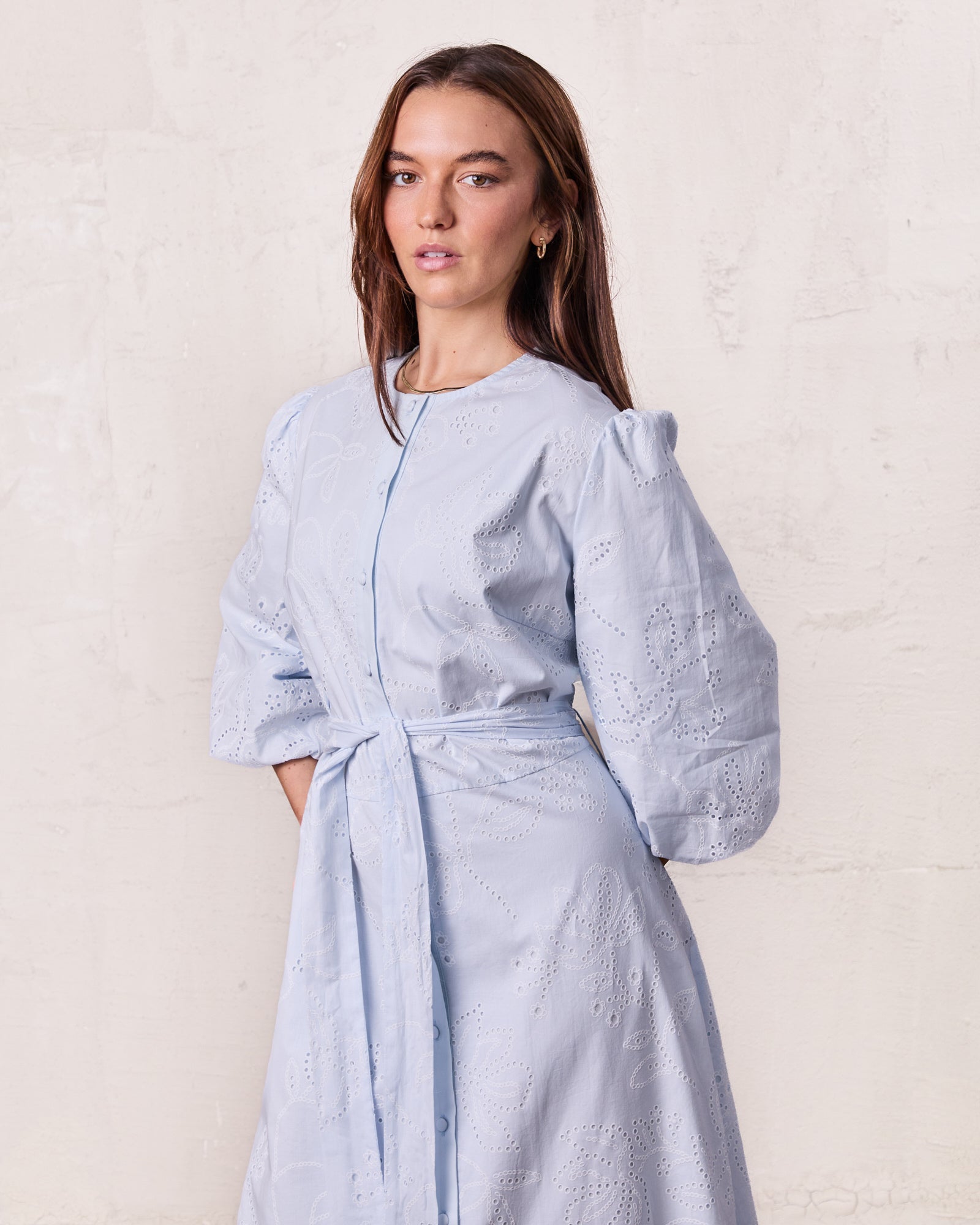 Eyelet Belted A-Line  Shirtdress-Light Blue-1