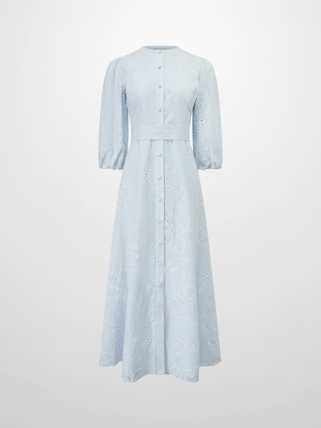 Eyelet Belted A-Line  Shirtdress-Light Blue-2