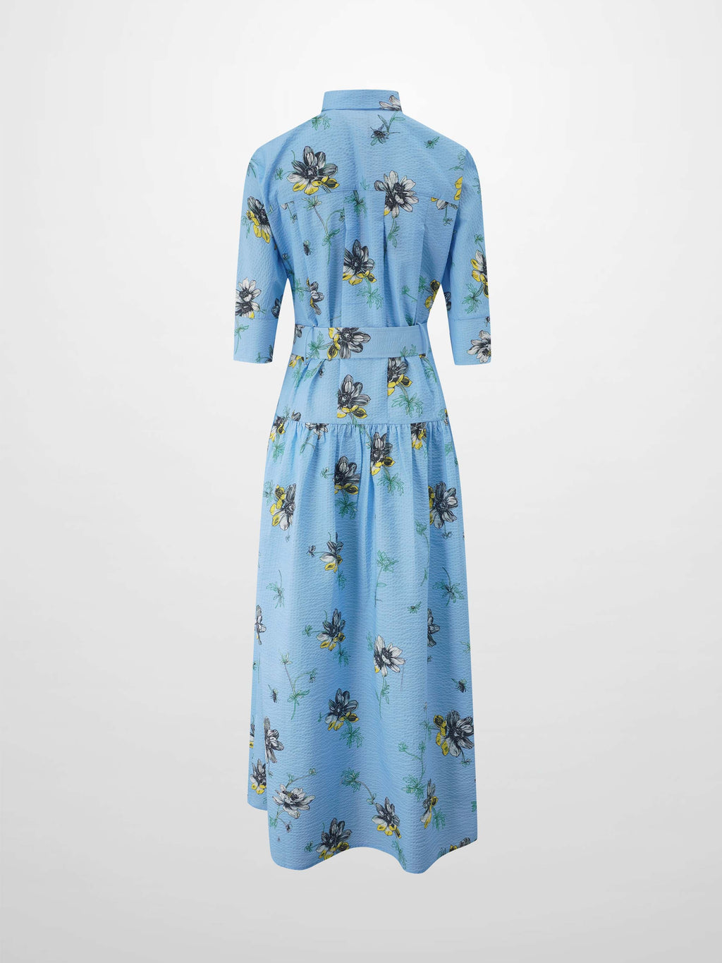 Yoke Gathered Belted Shirtdress-Yellow Pop Flower
