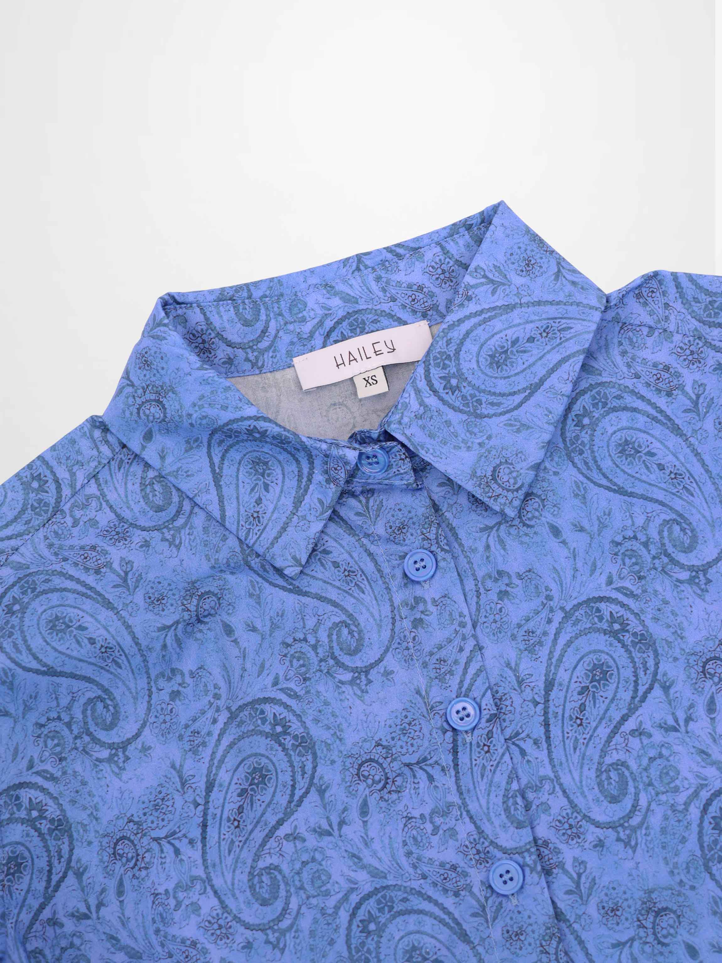Button Down Collared Blouse-Blue Cotton Paisley-3
