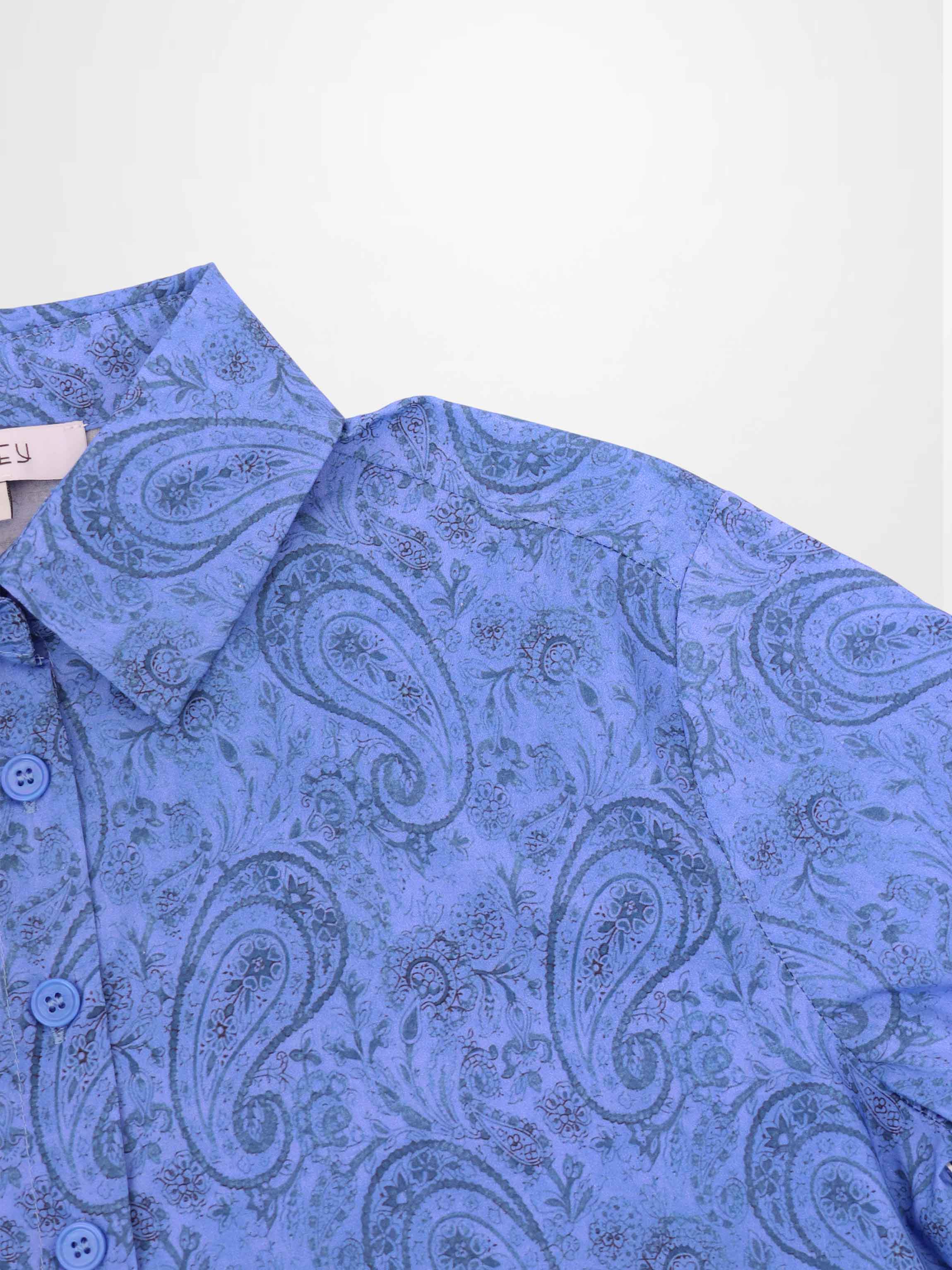 Button Down Collared Blouse-Blue Cotton Paisley-4