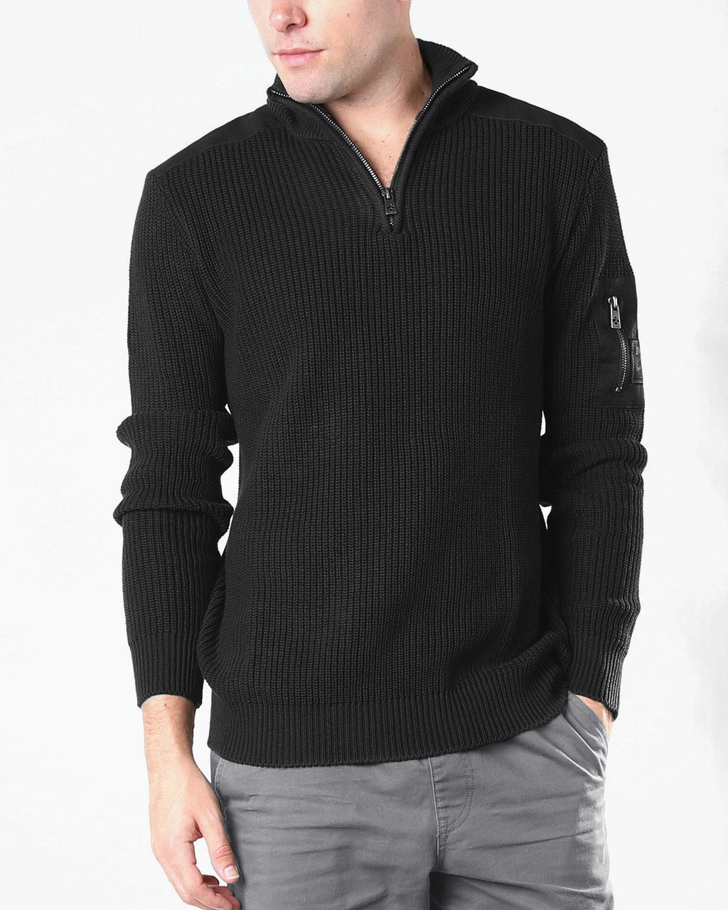 Mens Long Sleeve Pullover Quarter Zip Mock Neck Polo Sweater