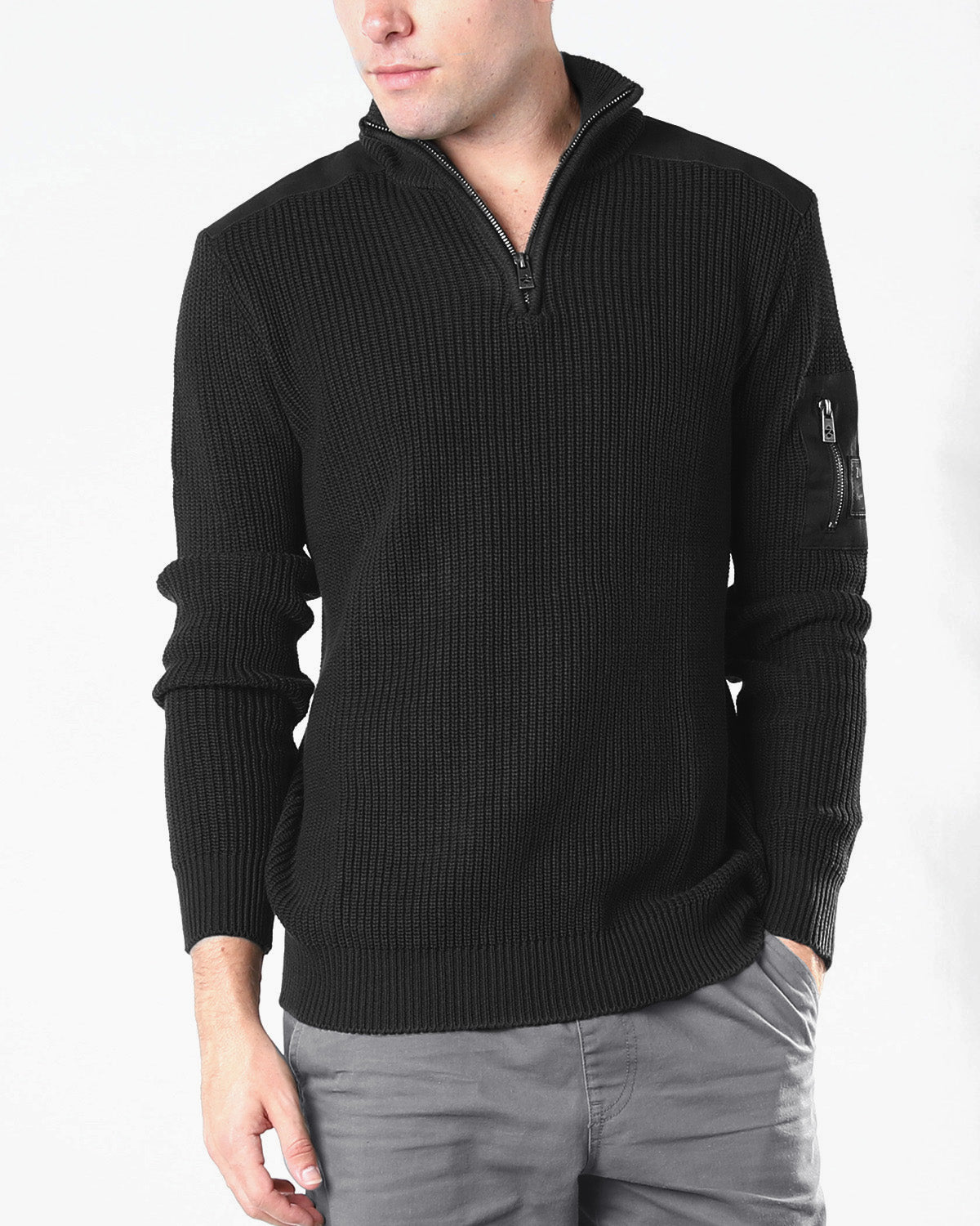 Mens Long Sleeve Pullover Quarter Zip Mock Neck Polo Sweater