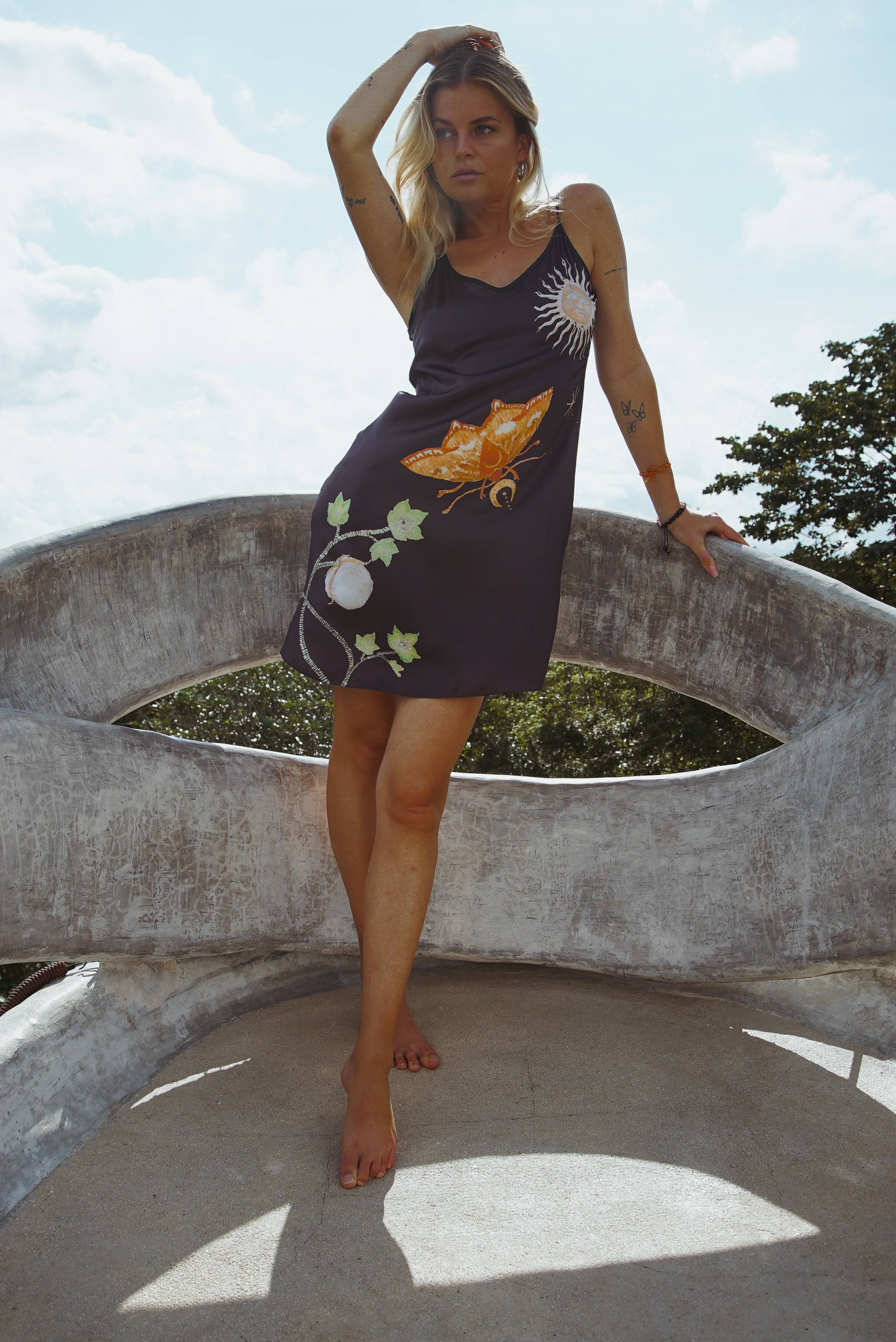 Vela Silk Slip Dress in Black Jungle Butterfly