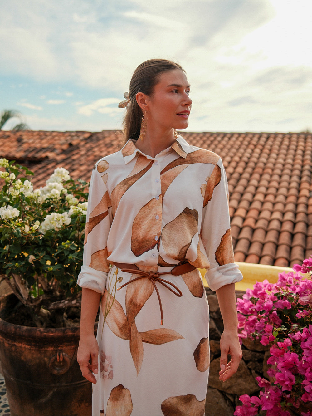 Printed Linen Blend Blouse-Brown Floral-2