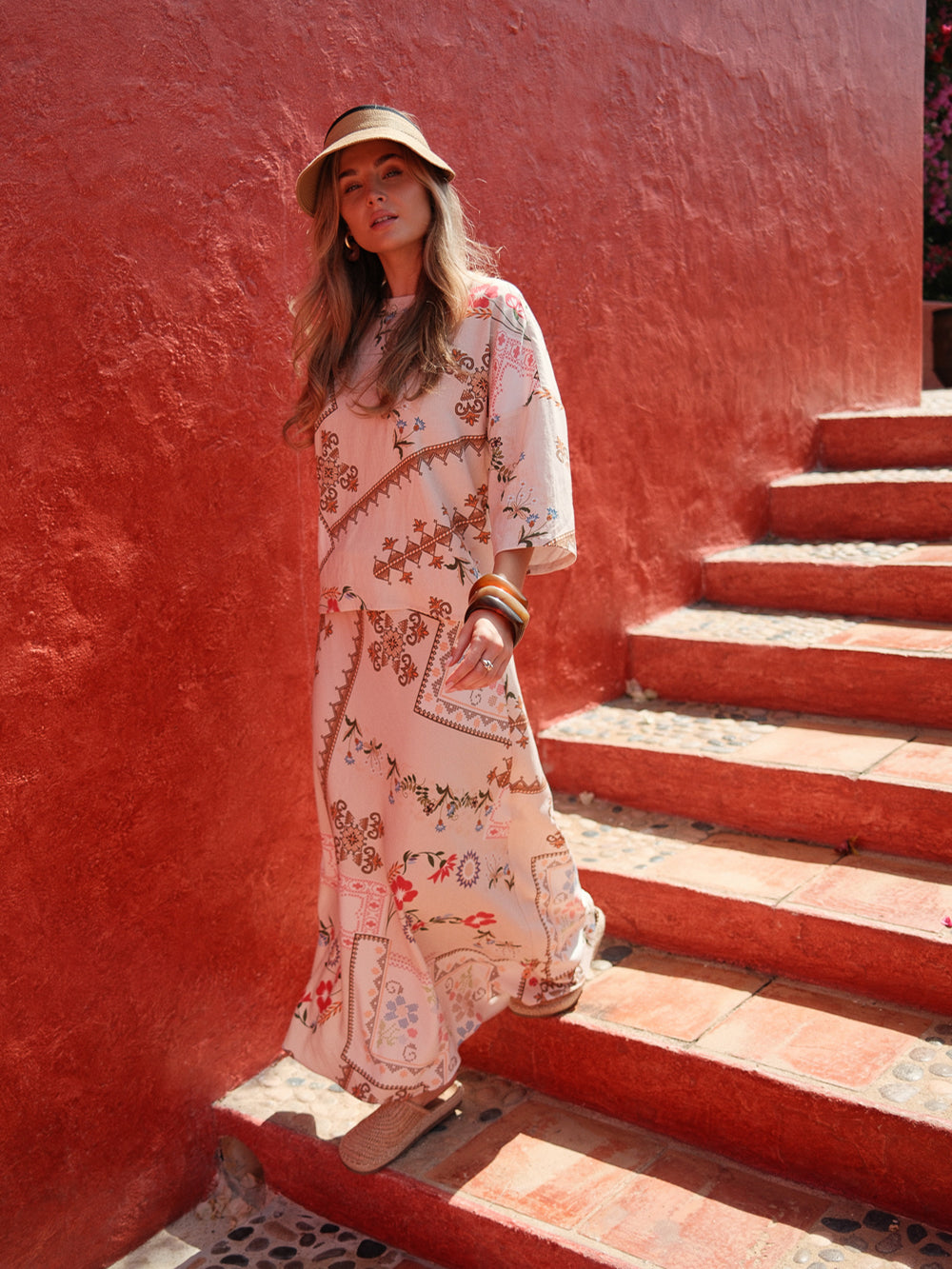 Printed Linen Blend Slip Skirt-Aztec Floral