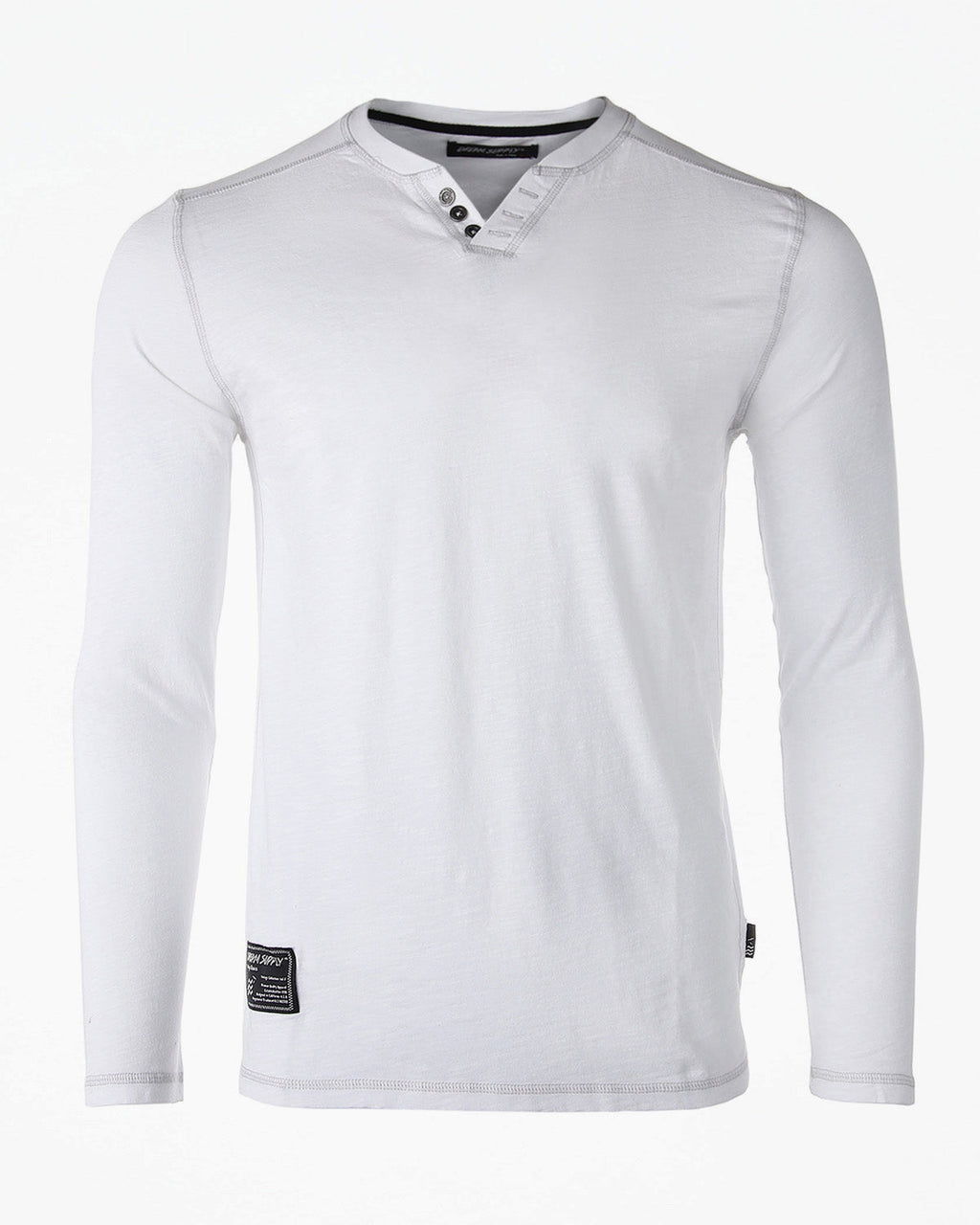 Mens Long Sleeve V-Neck Henley Oil Wash Contrast Seam Vintage Shirt - Silver Grey