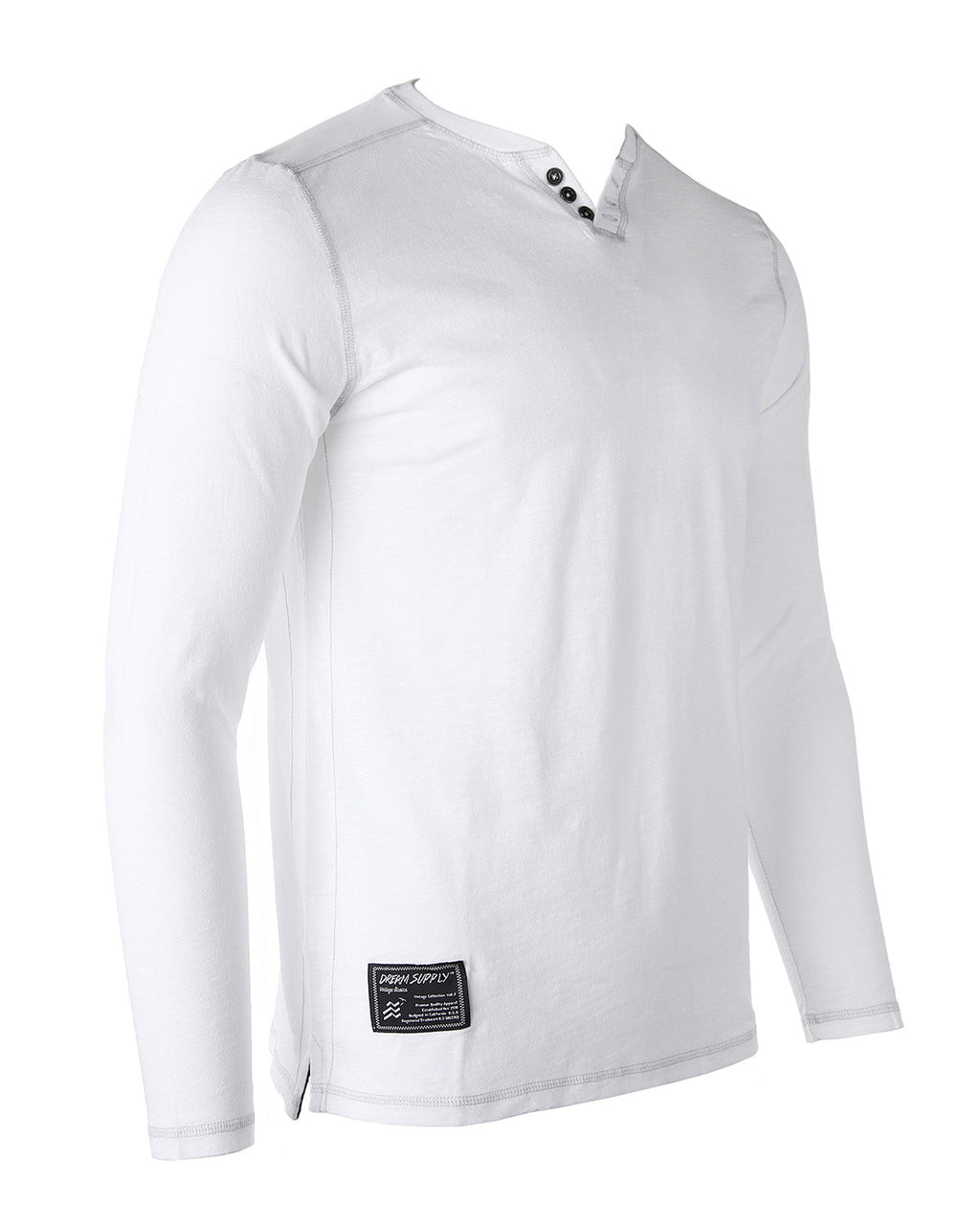 Mens Long Sleeve V-Neck Henley Oil Wash Contrast Seam Vintage Shirt - Silver Grey
