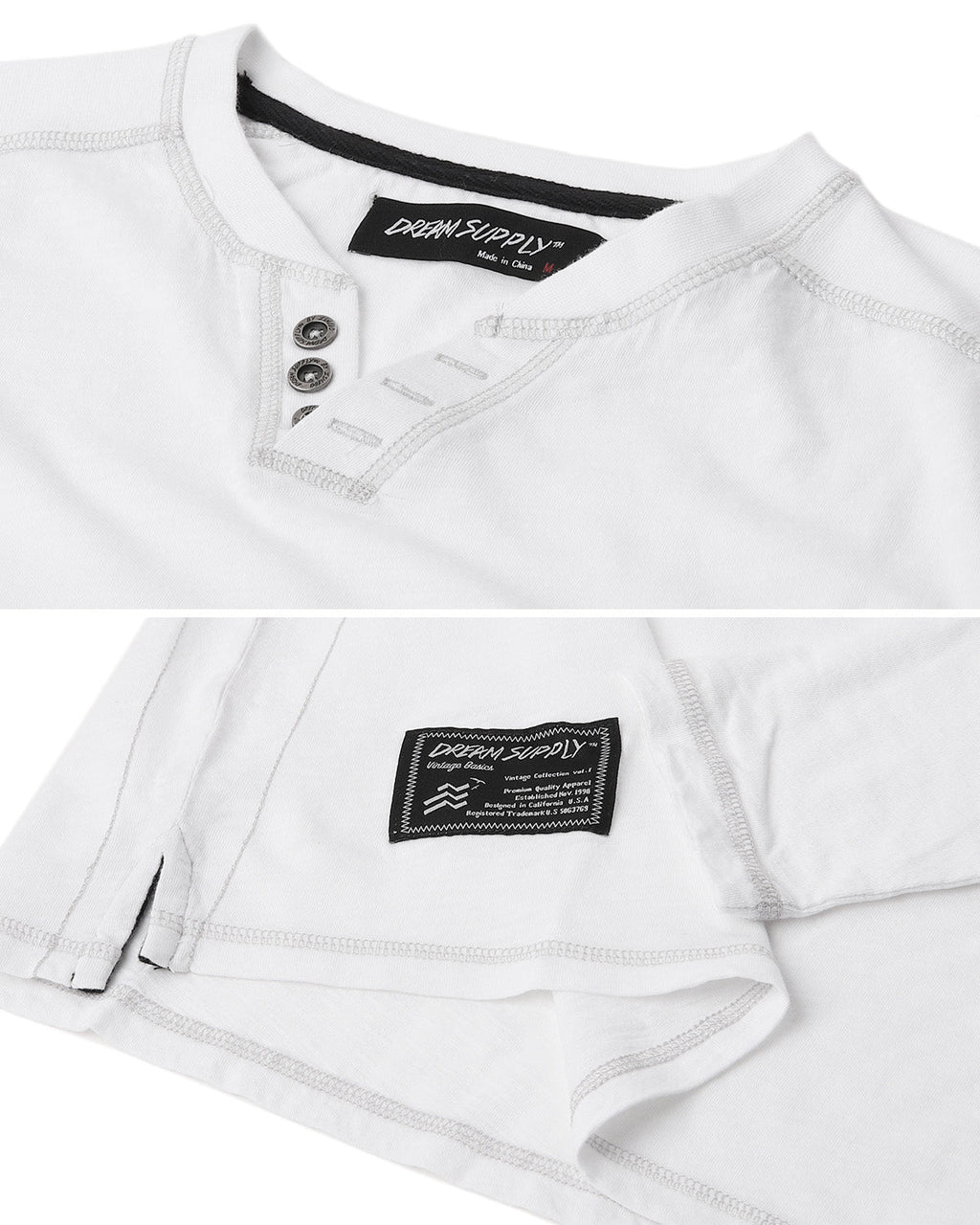 Mens Long Sleeve V-Neck Henley Oil Wash Contrast Seam Vintage Shirt - Silver Grey