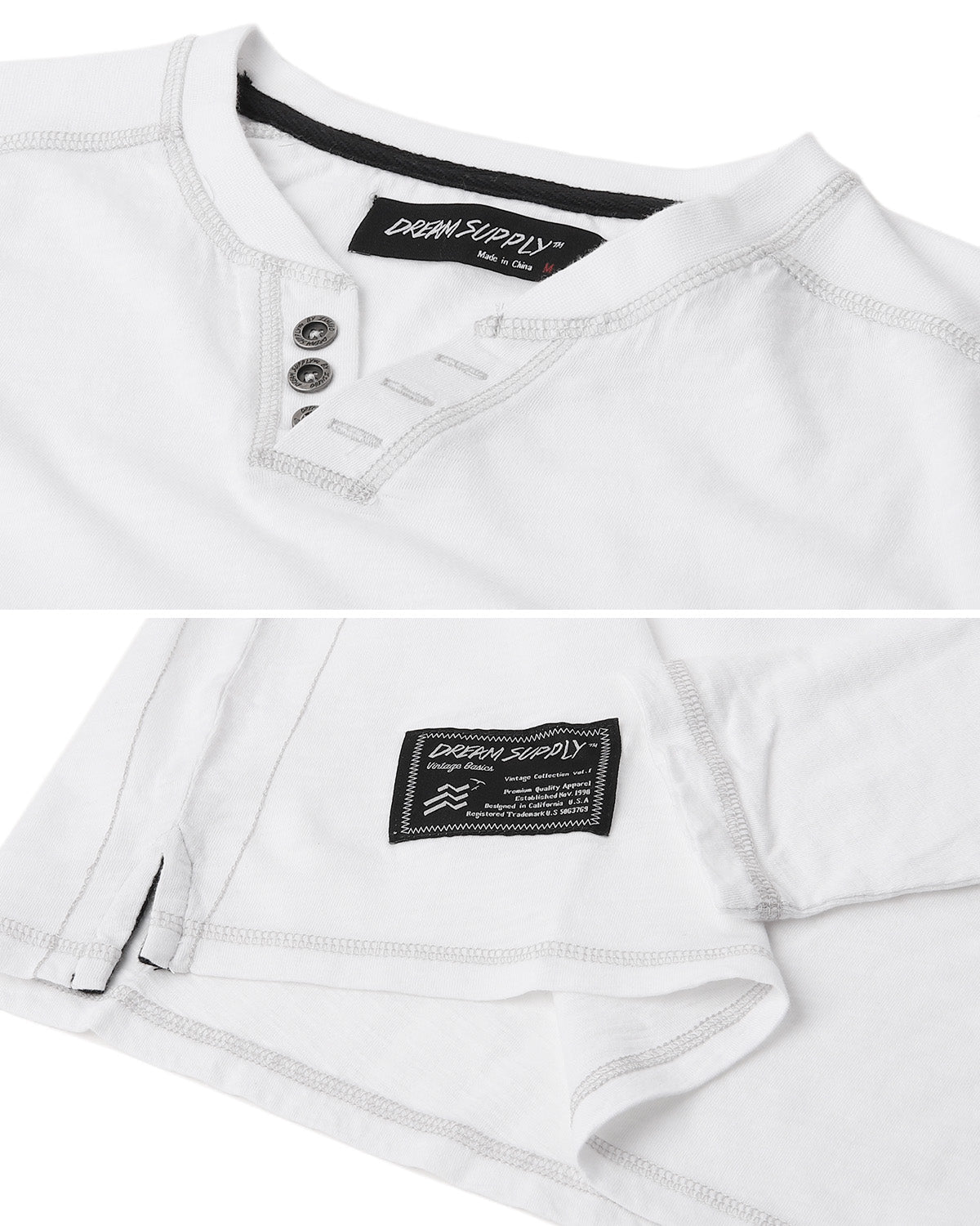 Mens Long Sleeve V-Neck Henley Oil Wash Contrast Seam Vintage Shirt - Silver Grey