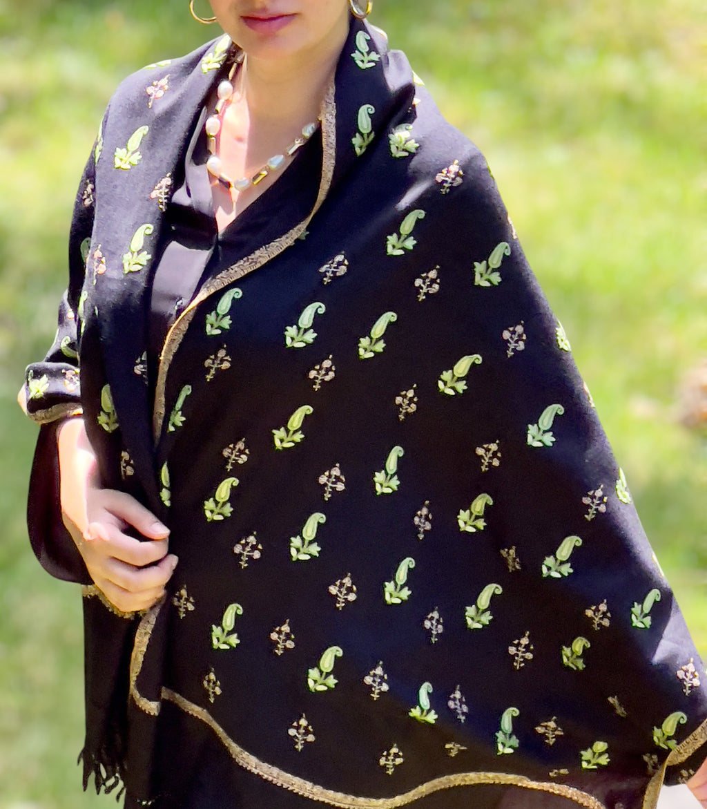 Limited Edition Black and Green Paisley Wool Shawl