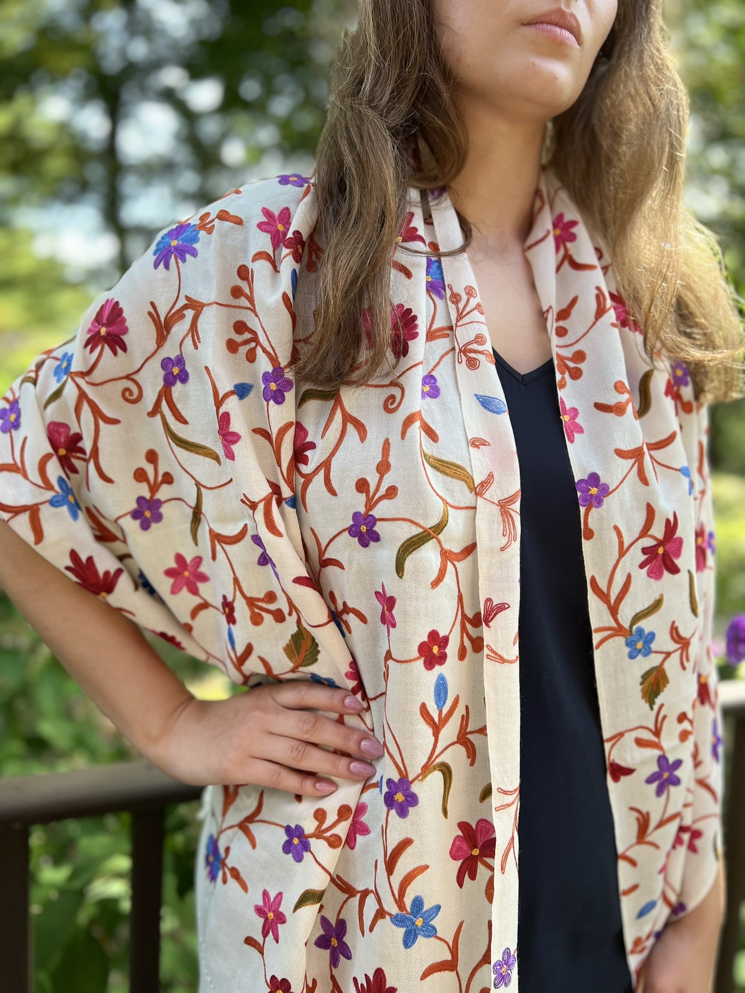 White Wool Kashmir Floral Stole