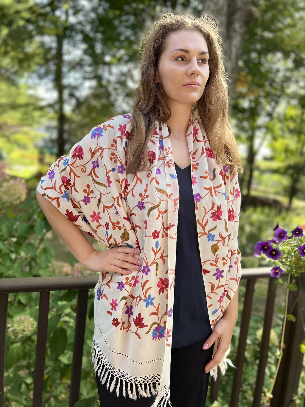 White Wool Kashmir Floral Stole