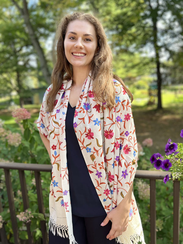 White Wool Kashmir Floral Stole