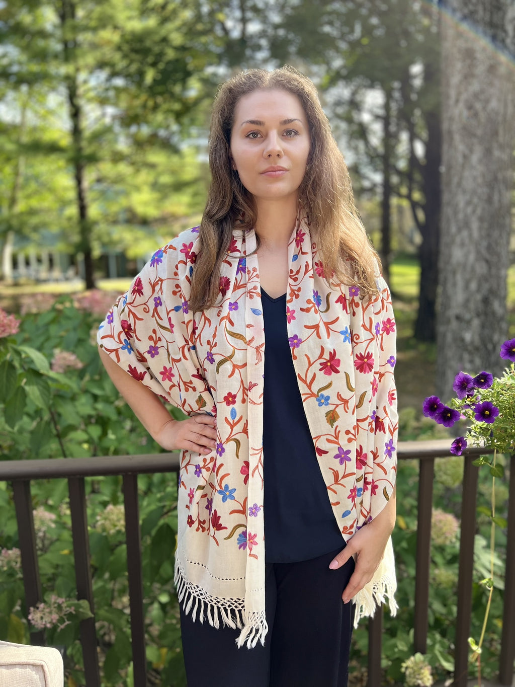 White Wool Kashmir Floral Stole