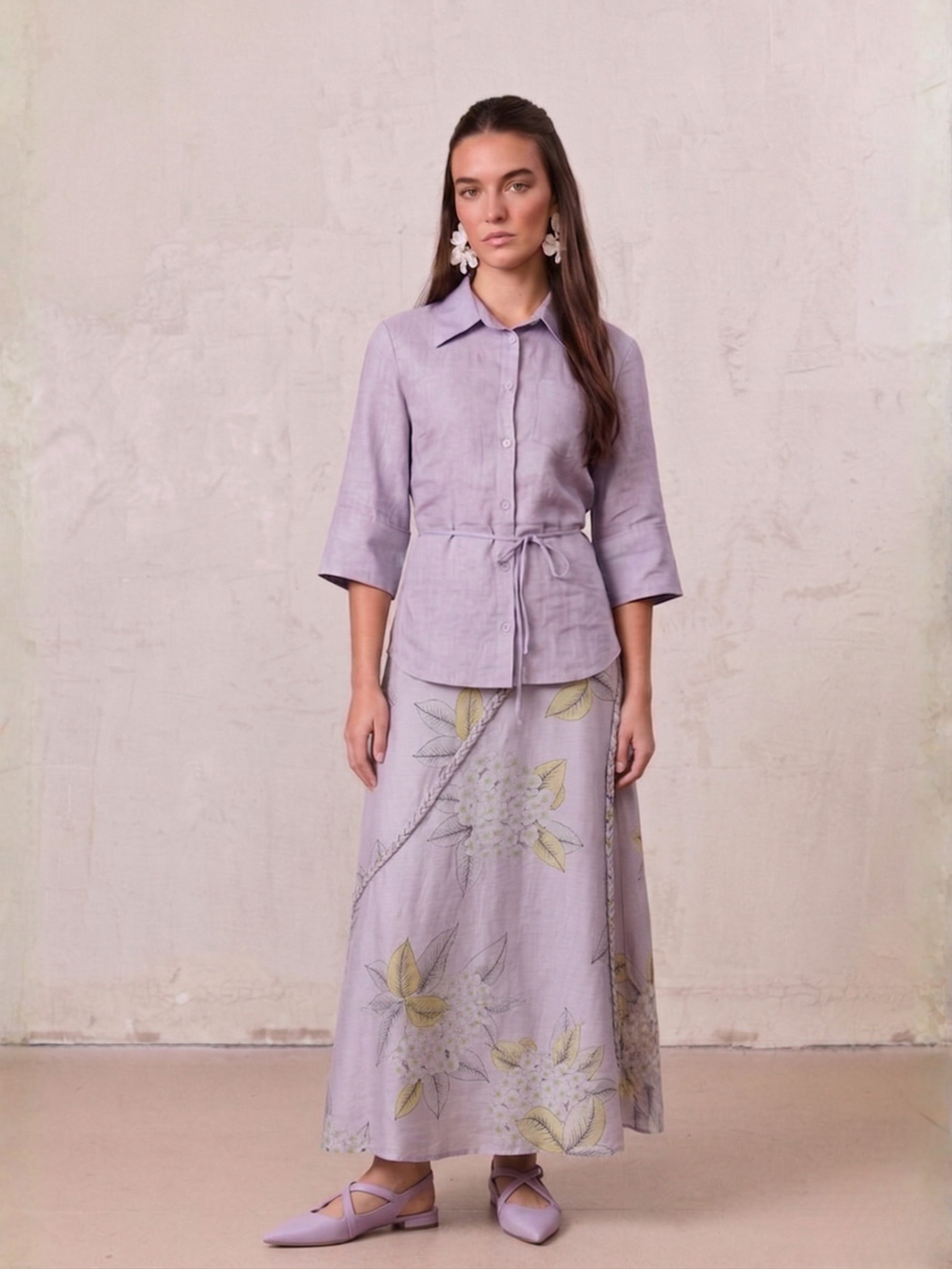 Braided Detail A-Line Skirt-Lavender Floral-0