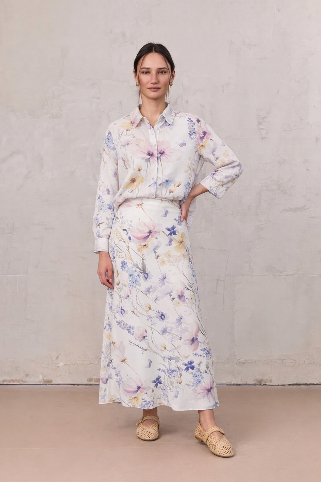 Printed Linen Blend Blouse-Scattered Flowers-1