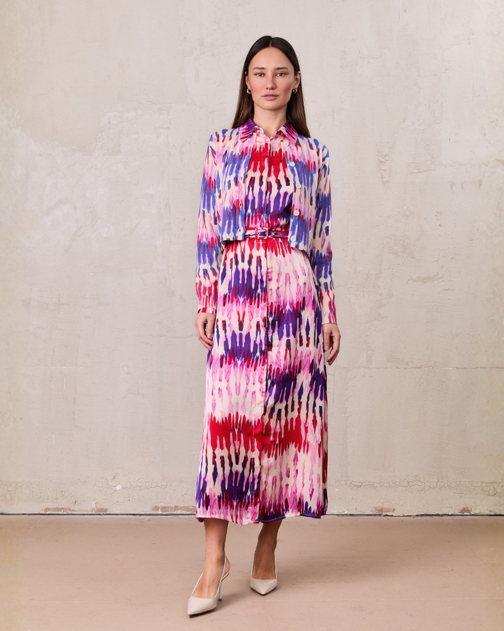 Basic Belted A-Line Dress-Pink Watercolor-0