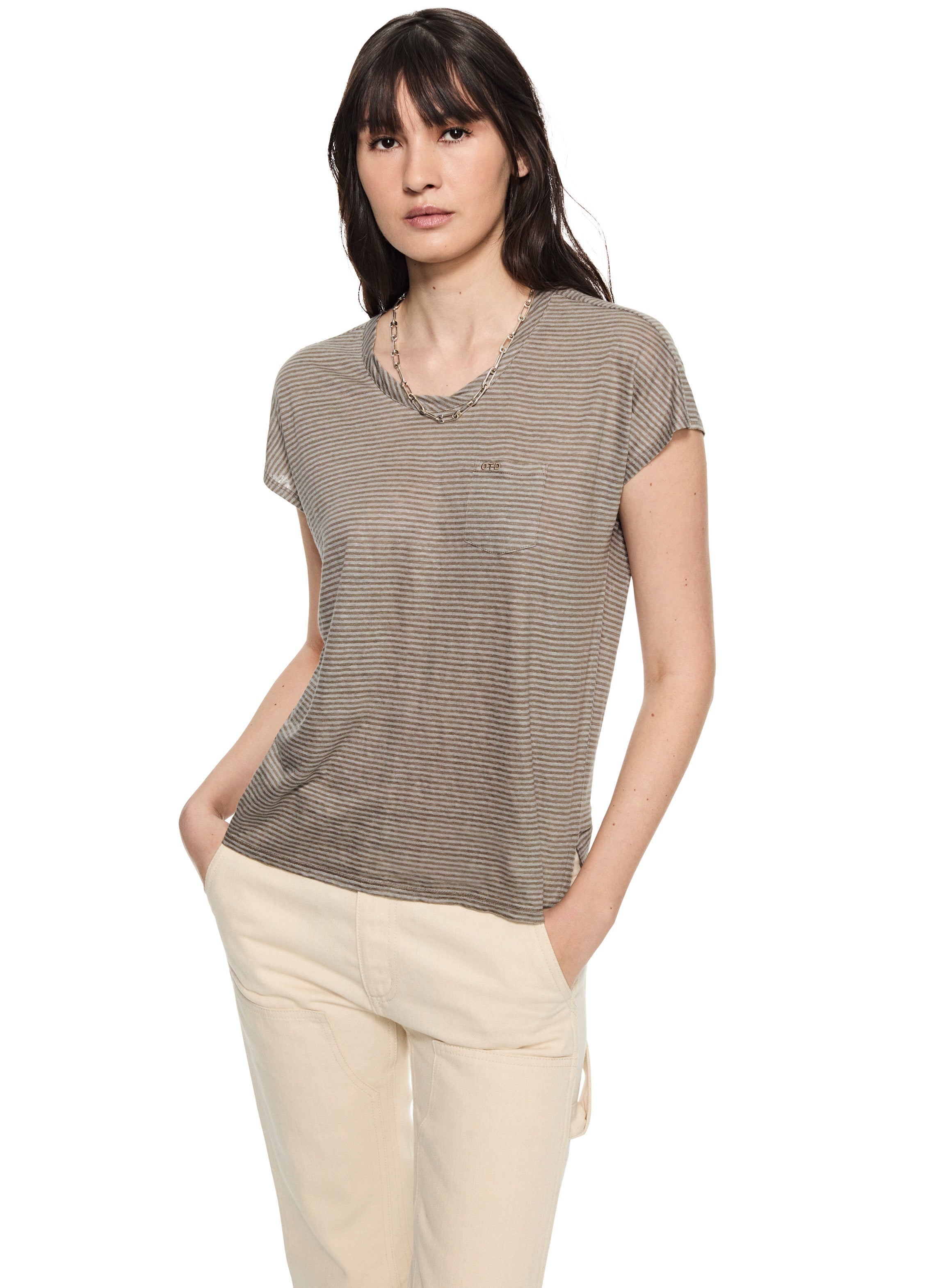 Linen Stripe Pocket Tee — Khaki