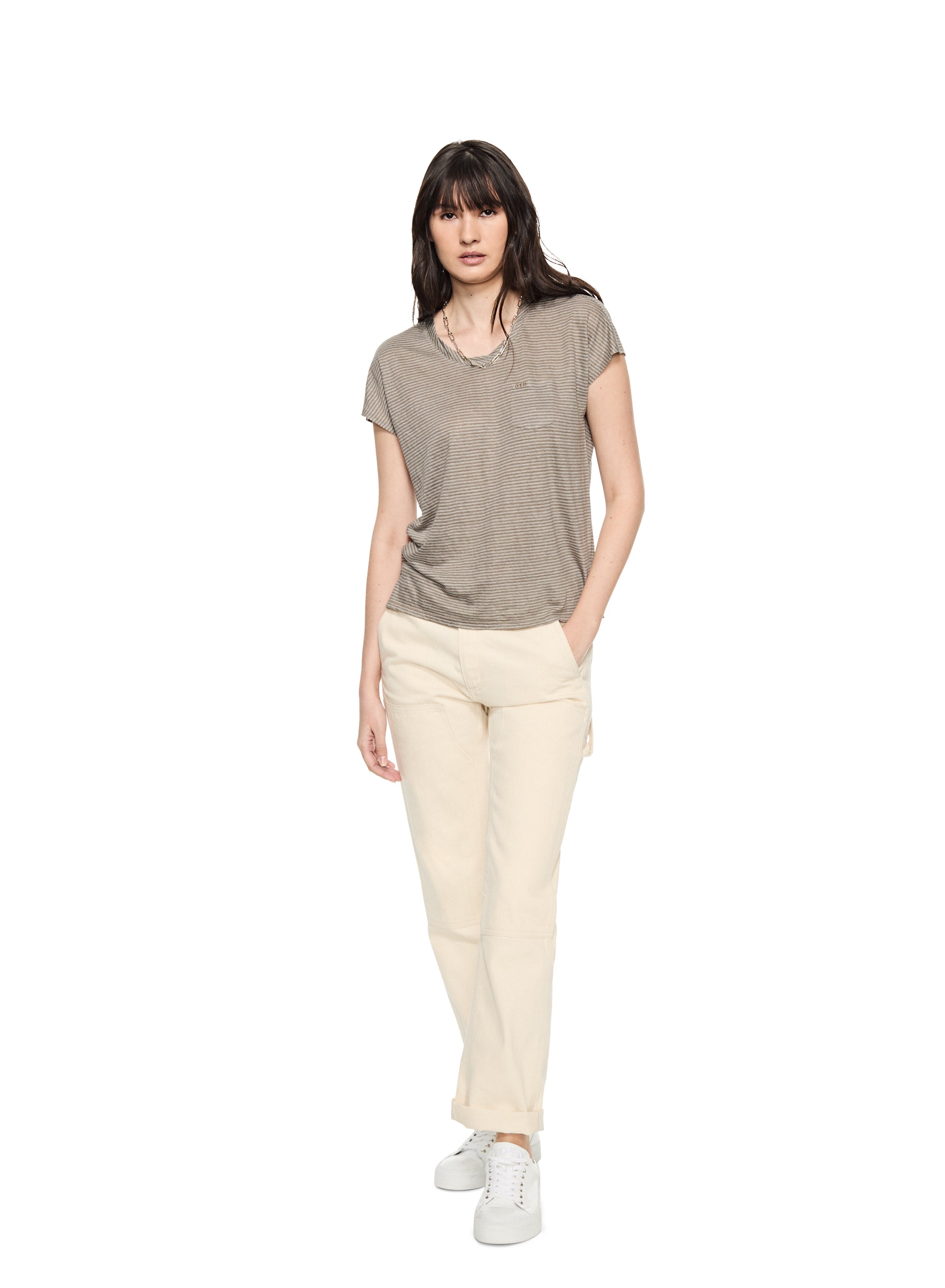 Linen Stripe Pocket Tee — Khaki