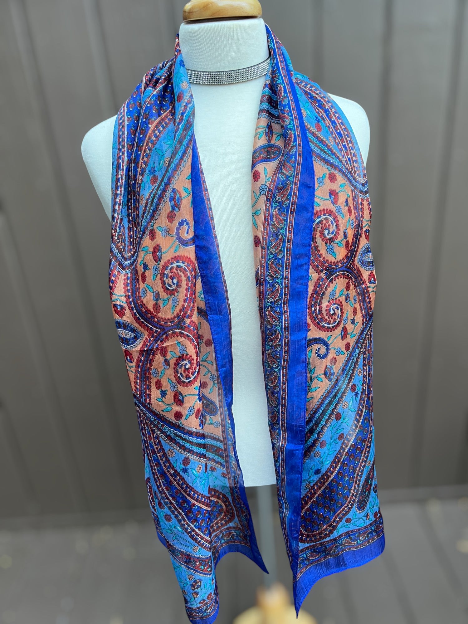Blue and Peach Silk Scarf