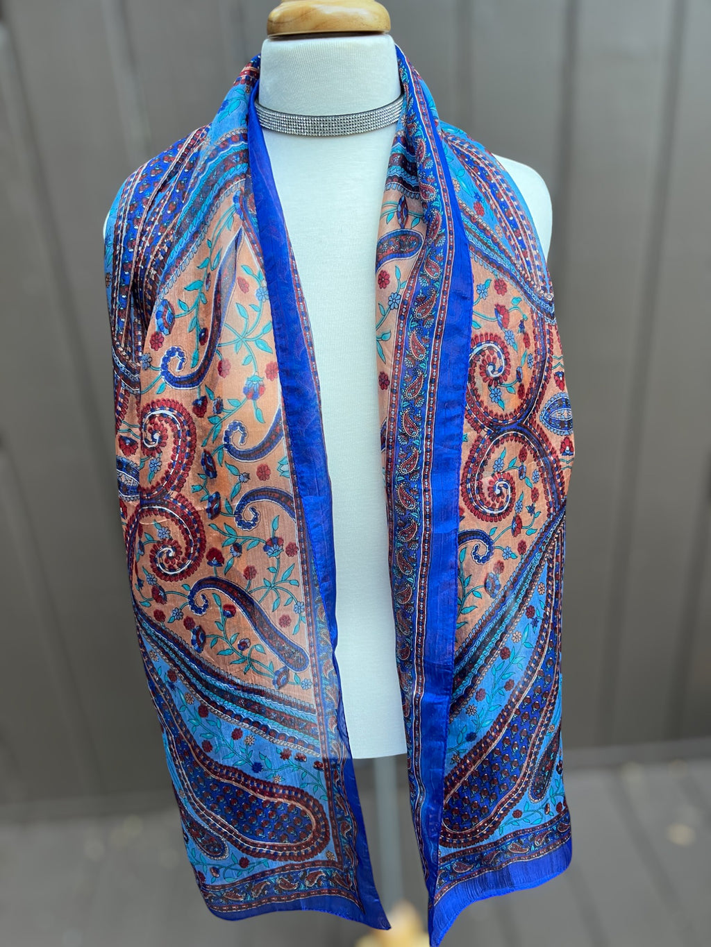Blue and Peach Silk Scarf